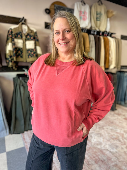 Ruby Red French Terry Pullover with Pockets