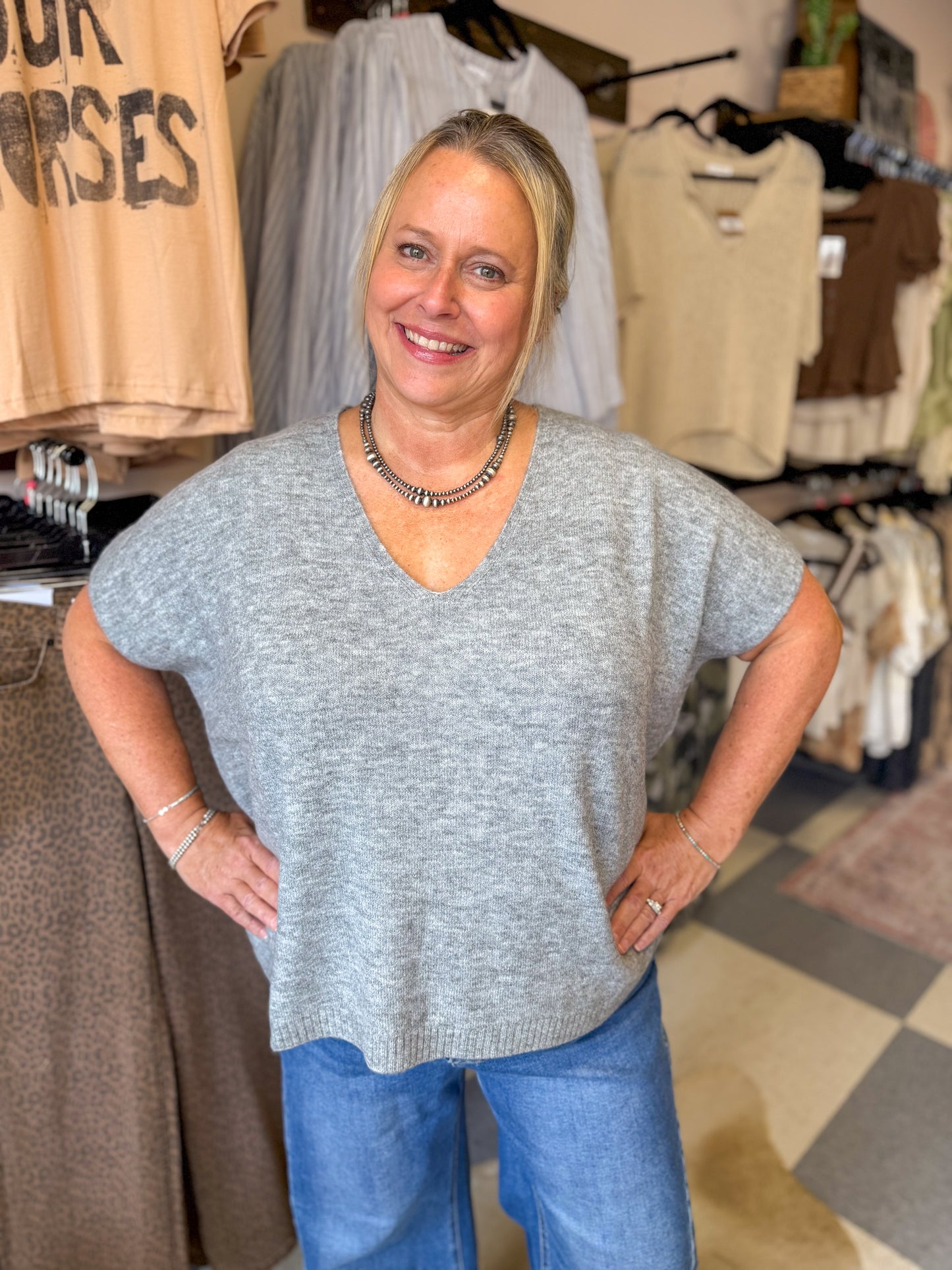 Heather Grey Short Sleeve Sweater