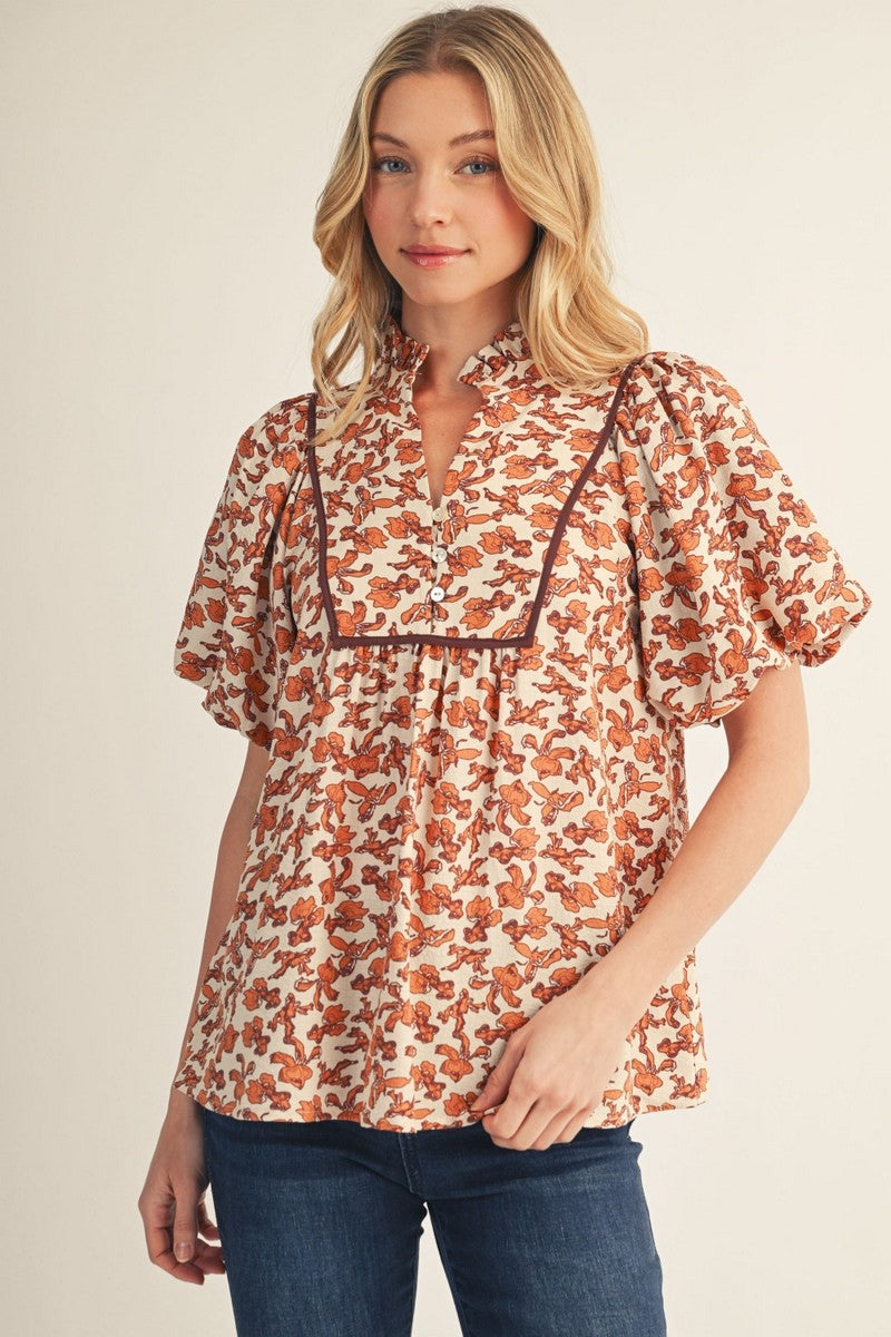 Toffee Ruffled Neckline Floral Print Top