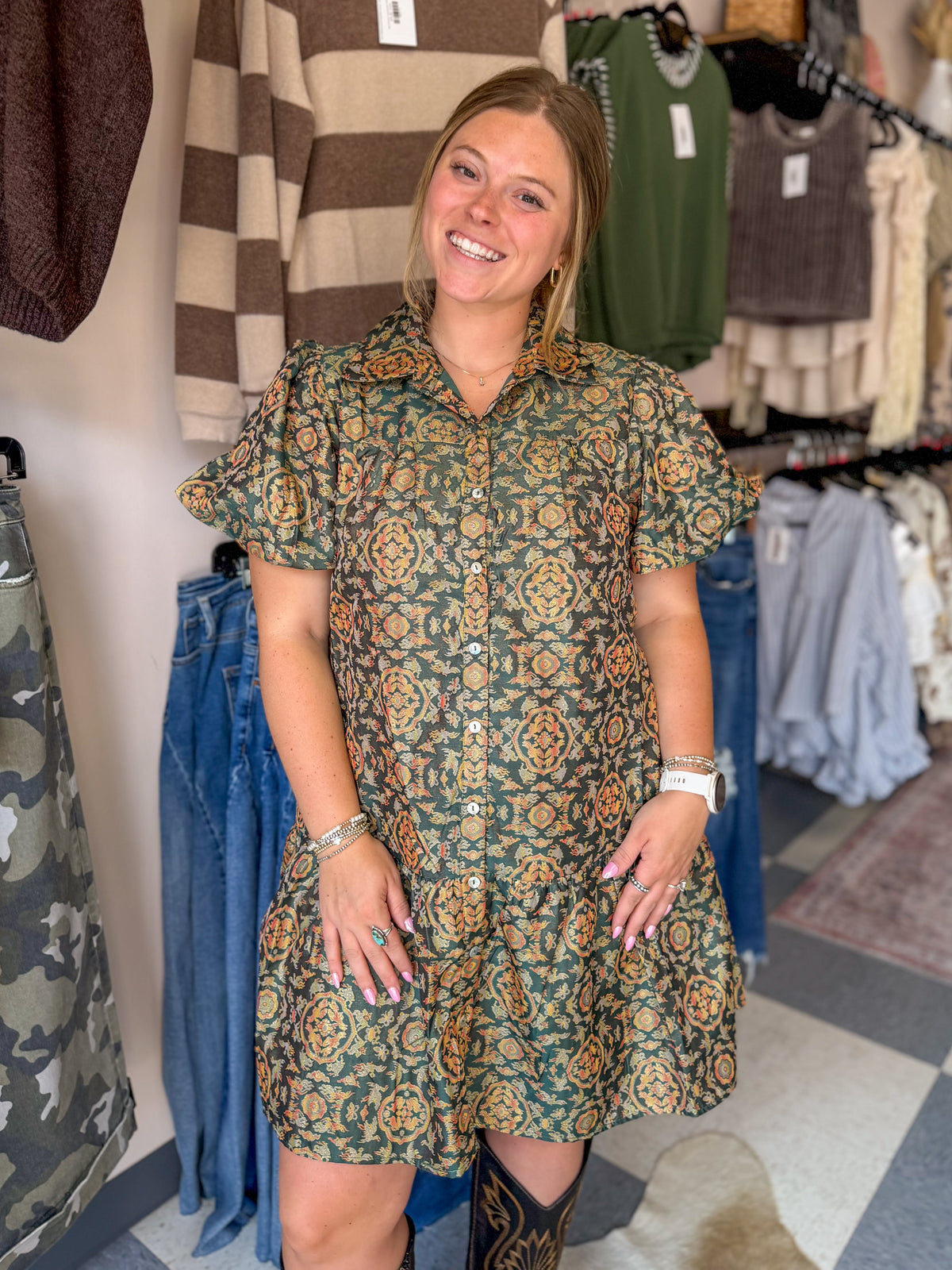Vintage Hunter Green Puff Sleeve Dress