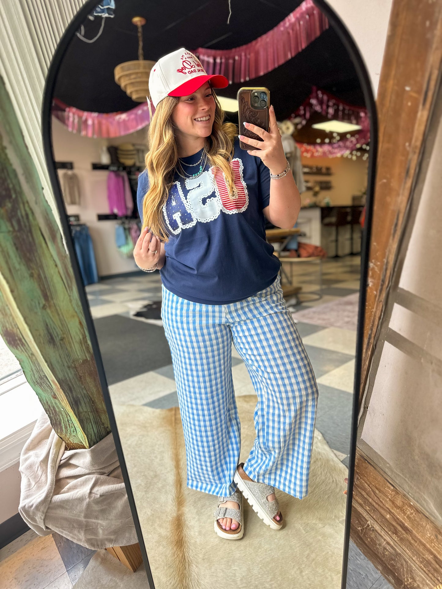 Blue & White Gingham Print Pants