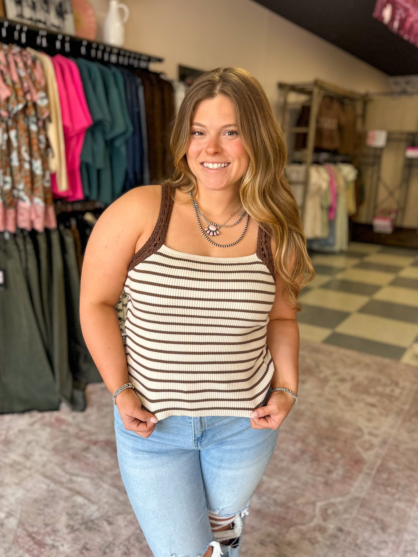Chocolate Crochet Sleeve Striped Tank