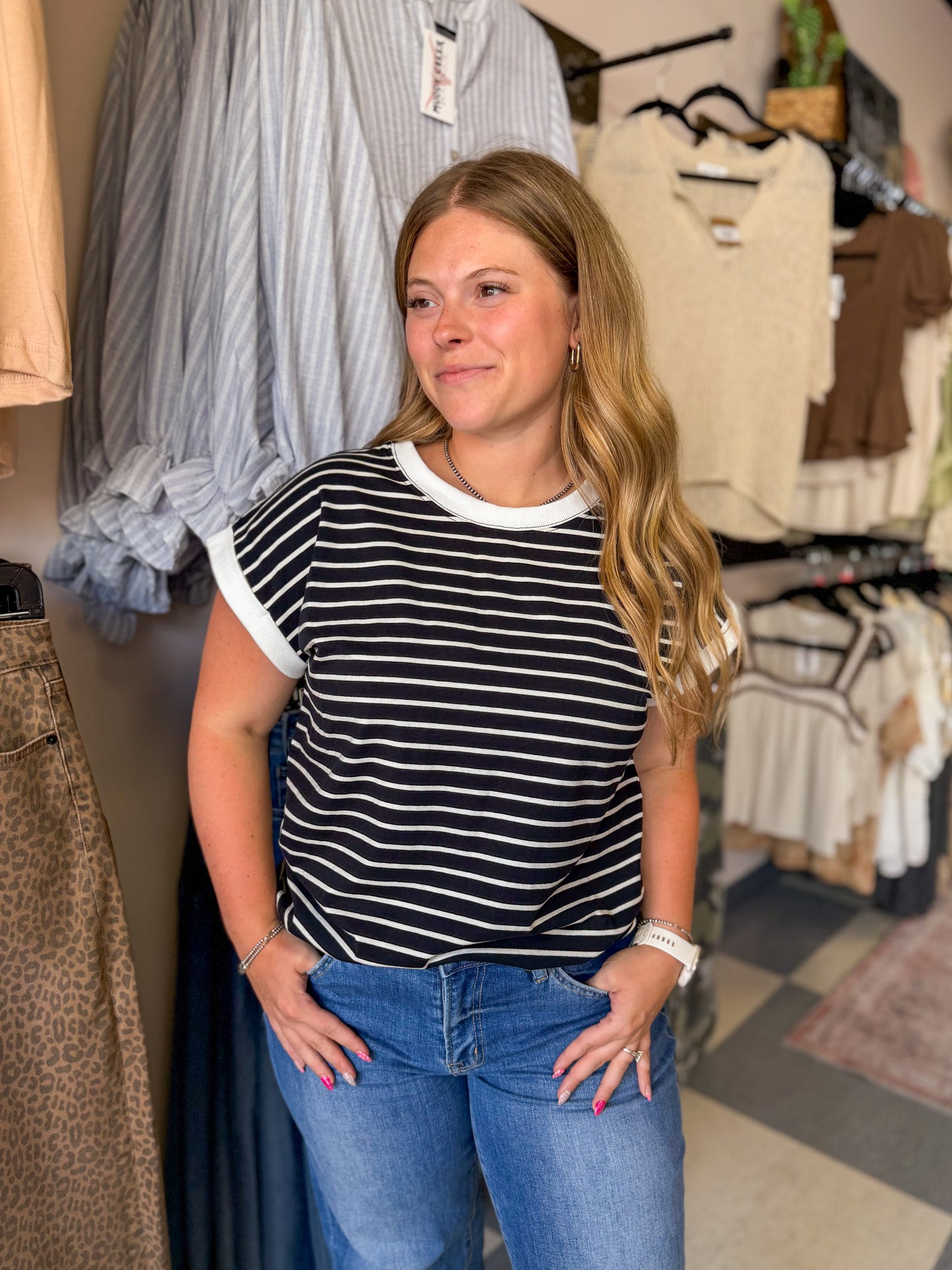 Cap Sleeve Striped Tee in Black