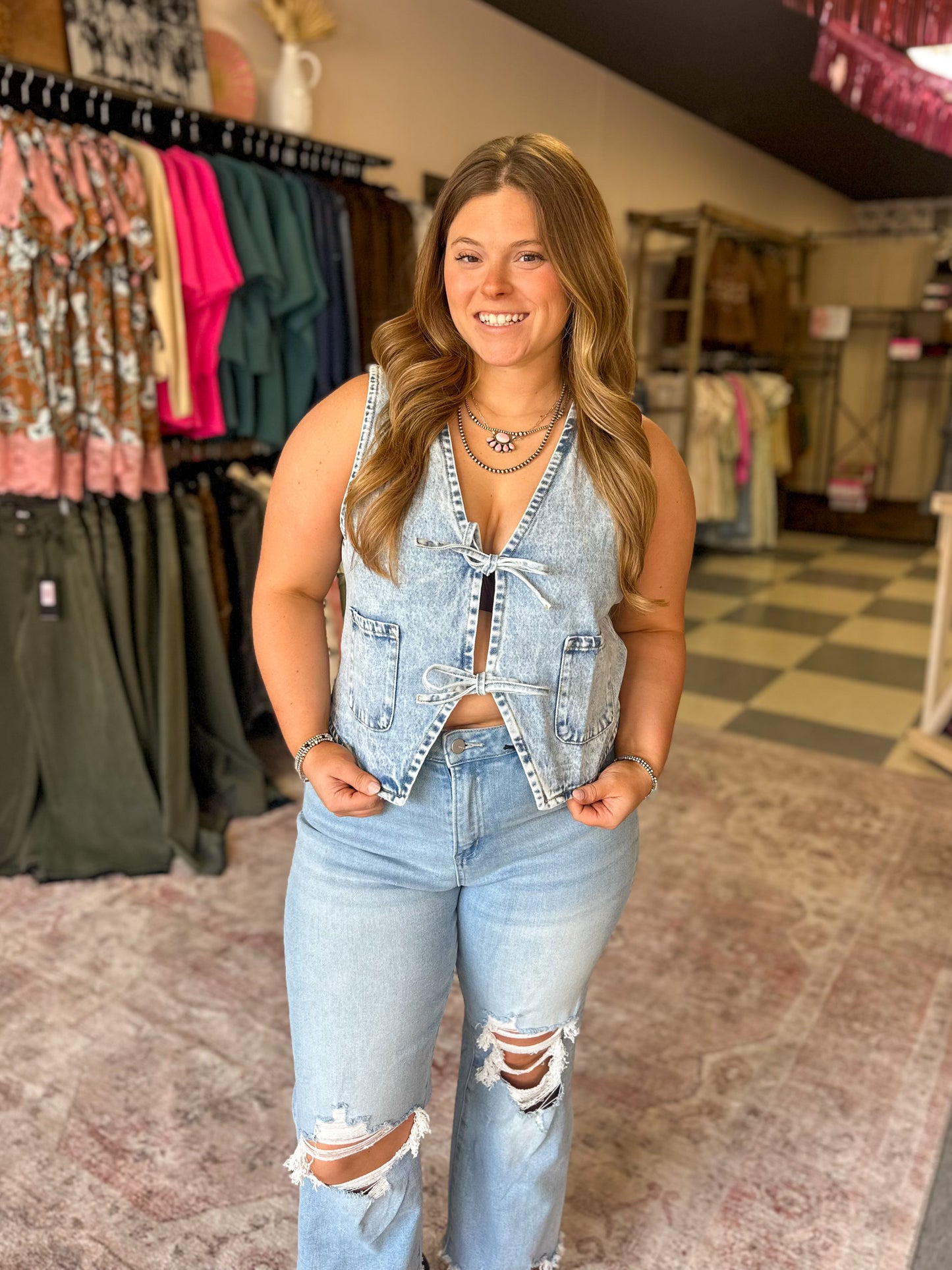Medium Wash Front Tie Denim Vest