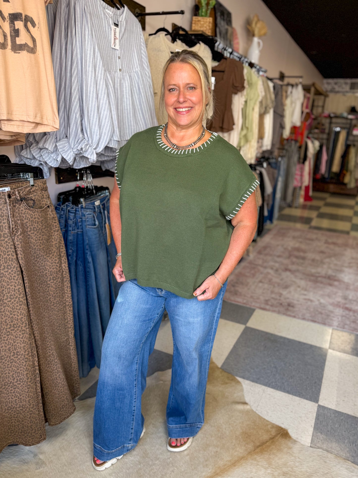 Stitched Olive Sweater Vest Top