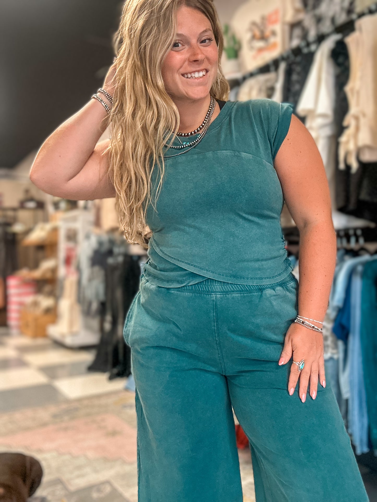 Teal Mineral Washed Wrap Top