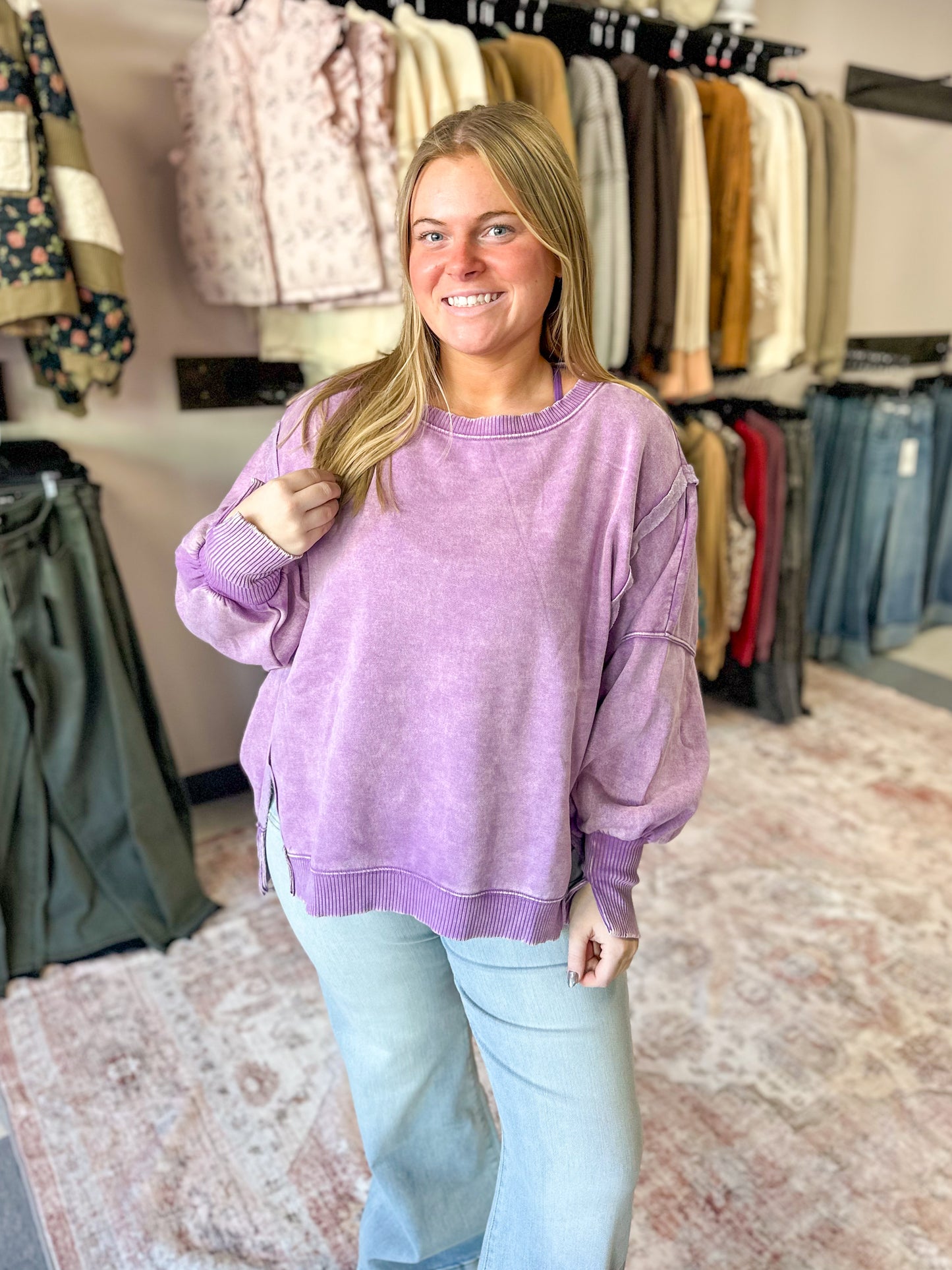 Bright Purple Acid Wash Hi-Low Pullover