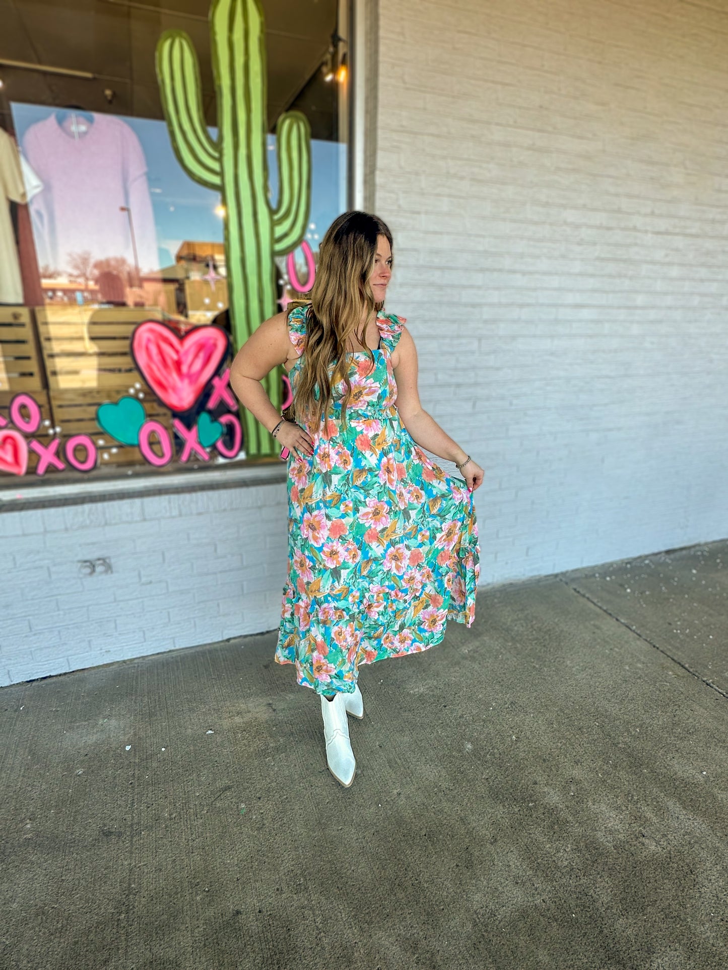 Watercolor Floral Print Ruffle Midi Dress