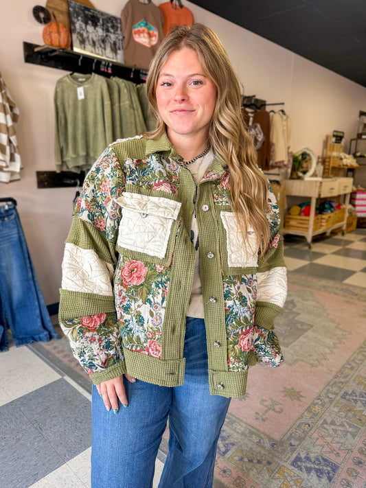 Olive Green Floral Quilted Shacket