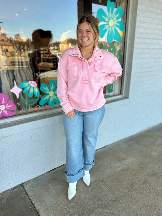 Washed Snap Button Fleece Sweatshirts in Pink