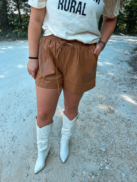 Cognac Faux Leather Shorts