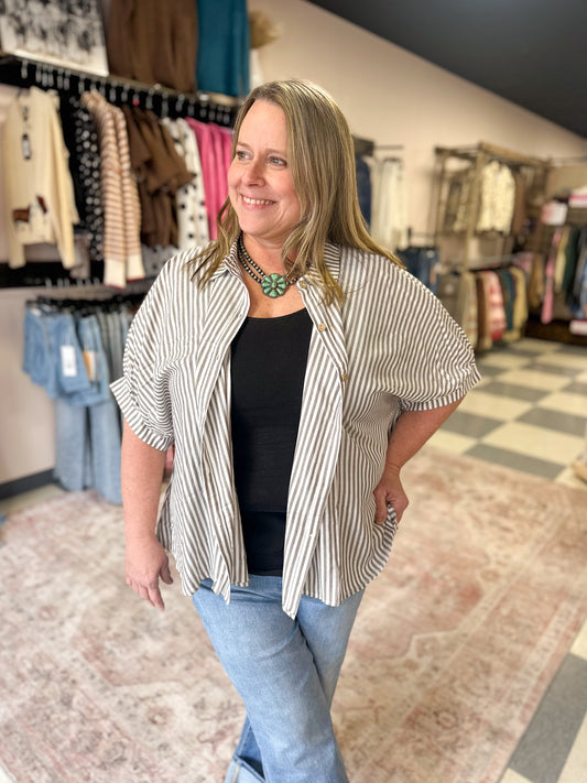 Brown Striped Button Up Blouse