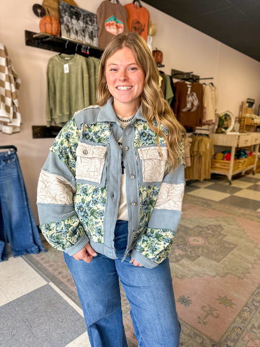 Cornflower Blue Floral Quilted Shacket