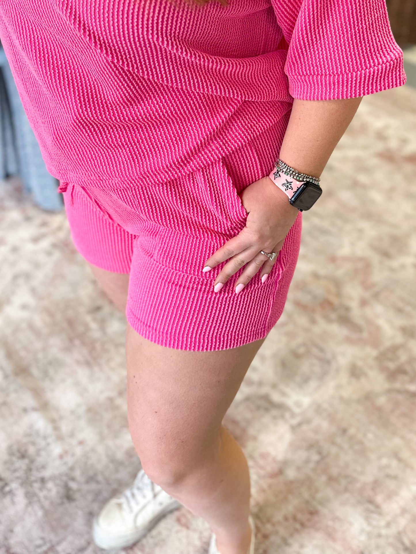Ribbed Short Sleeve Set in Hot Pink