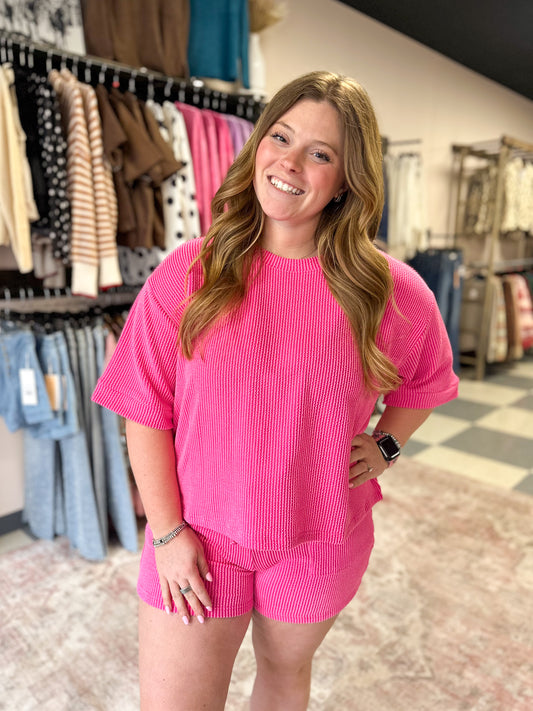 Ribbed Short Sleeve Set in Hot Pink