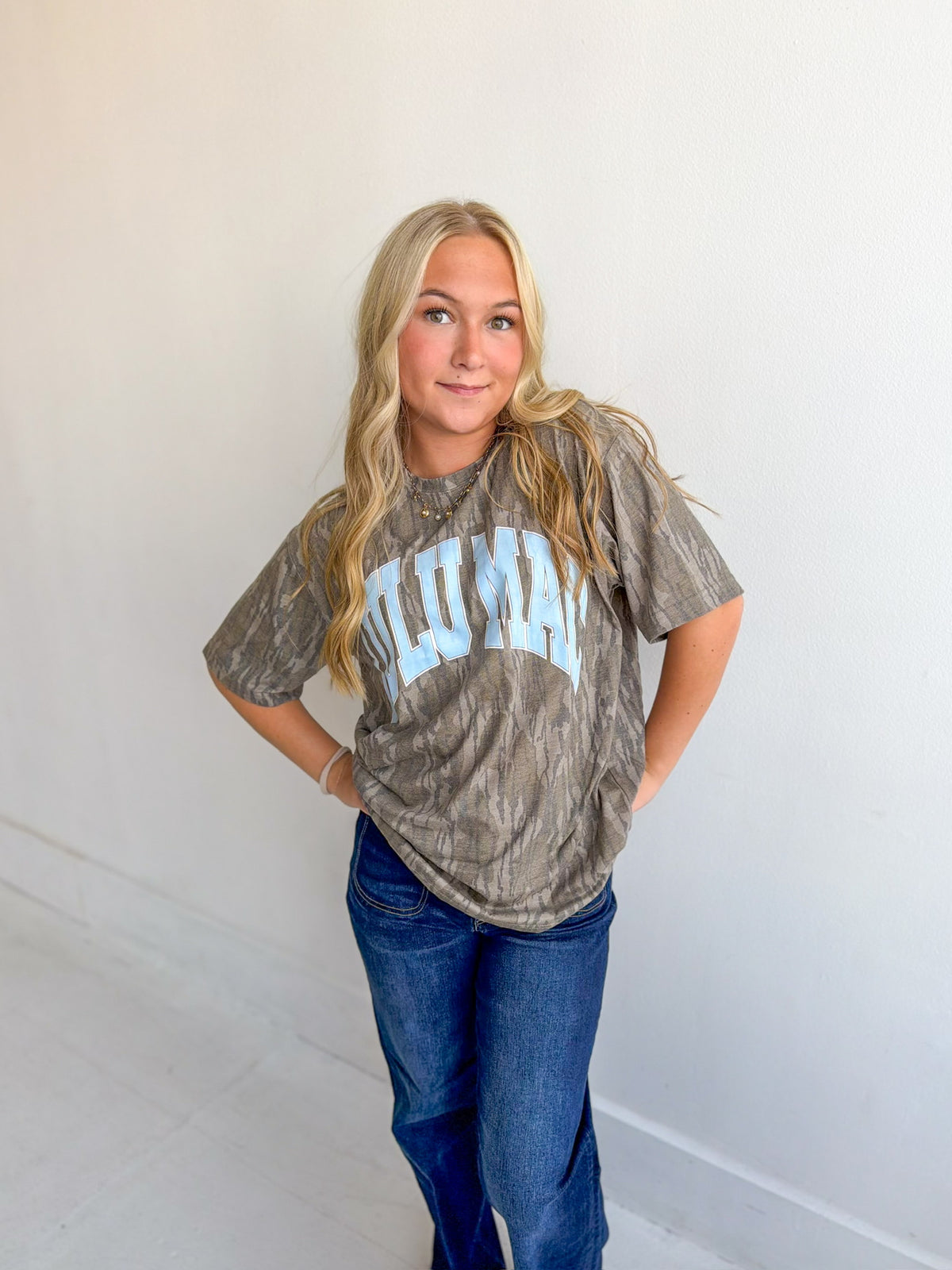 Lulu Mac: Mossy Oak Bottomland Print Tee w/Light Blue