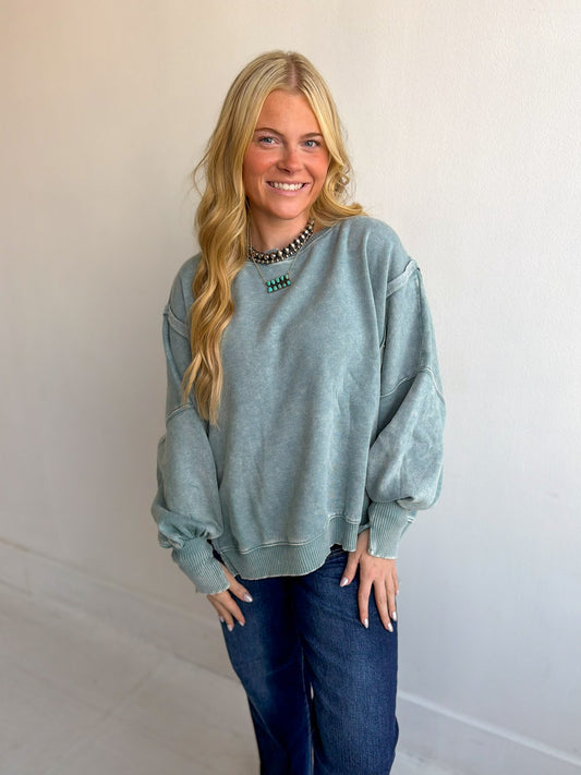 Ash Blue Acid Wash Hi-Low Pullover