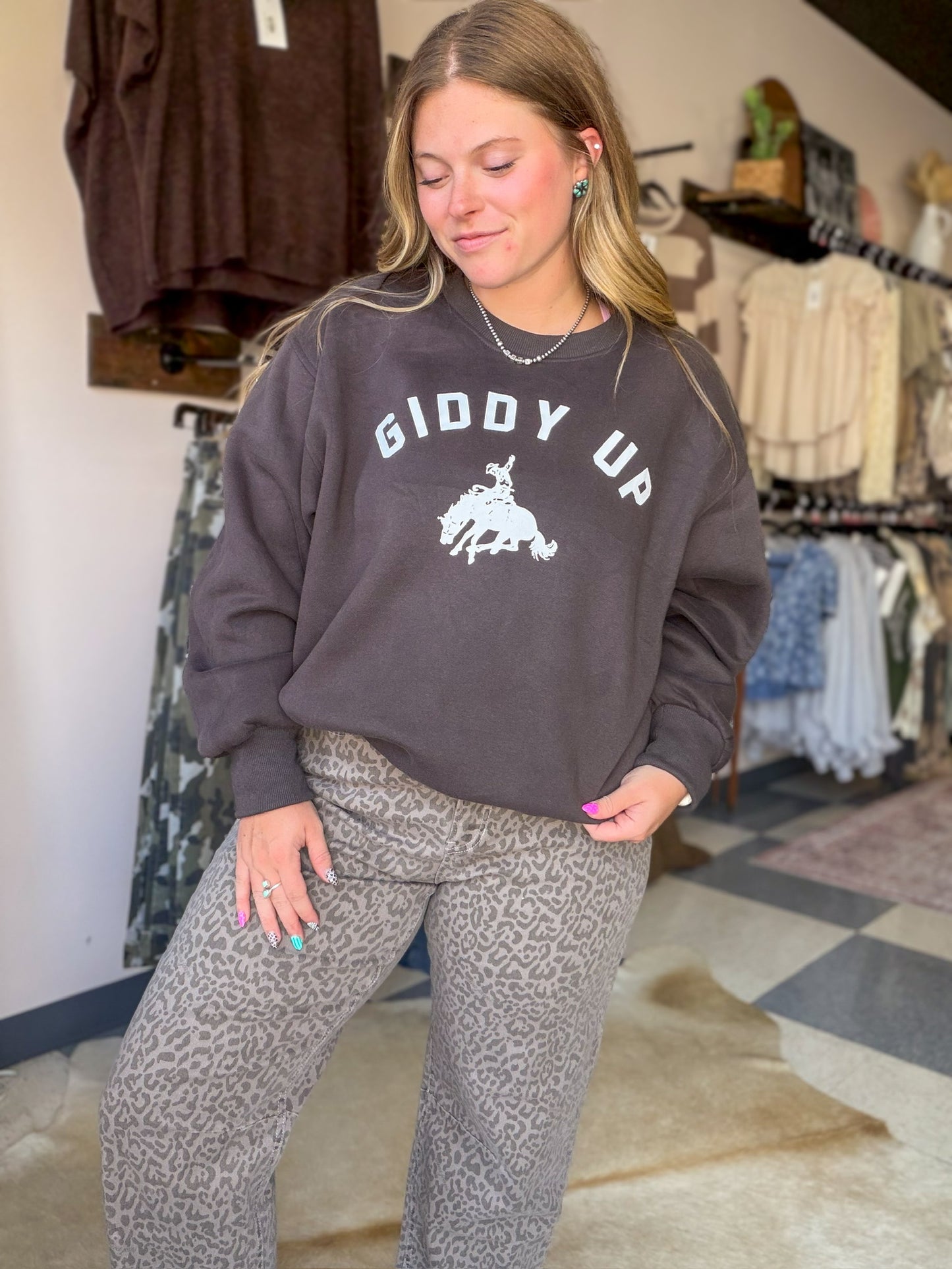 Giddy Up Brown Crewneck