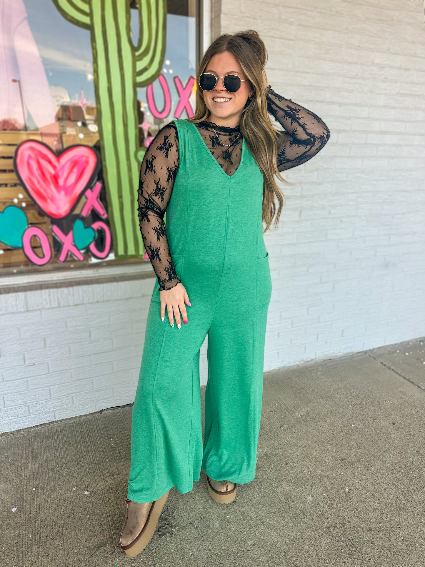 Kelly Green French Terry V-Neck Jumpsuit