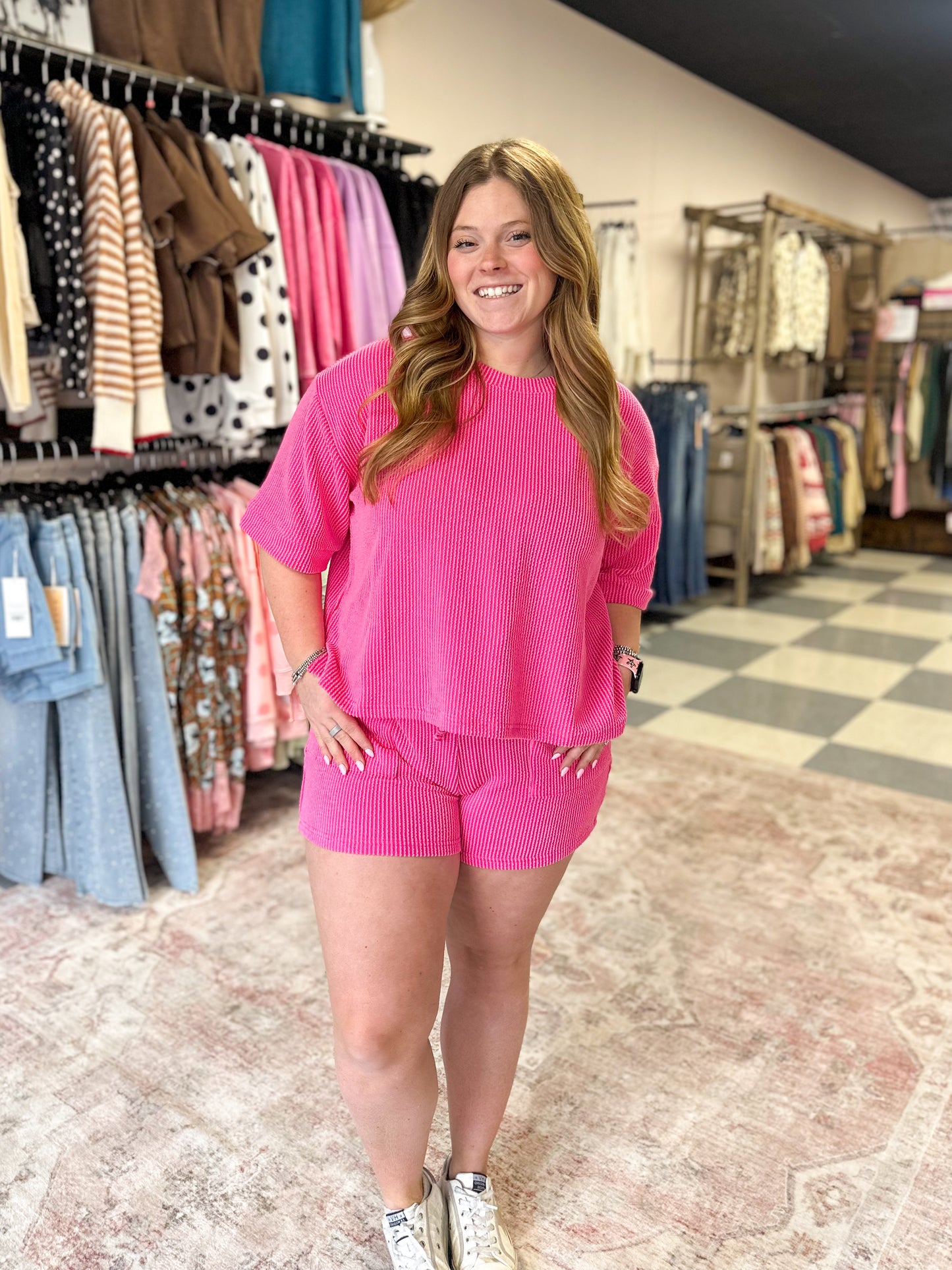 Ribbed Short Sleeve Set in Hot Pink