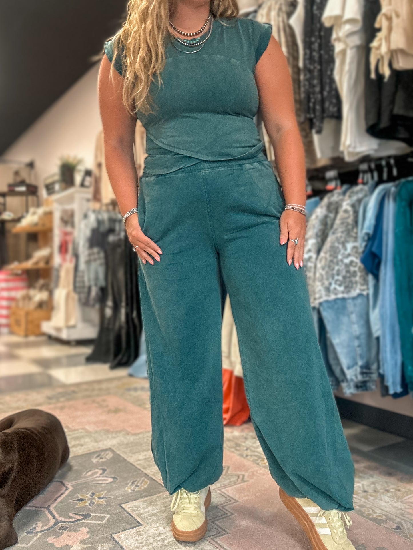 Teal Mineral Washed Wrap Top