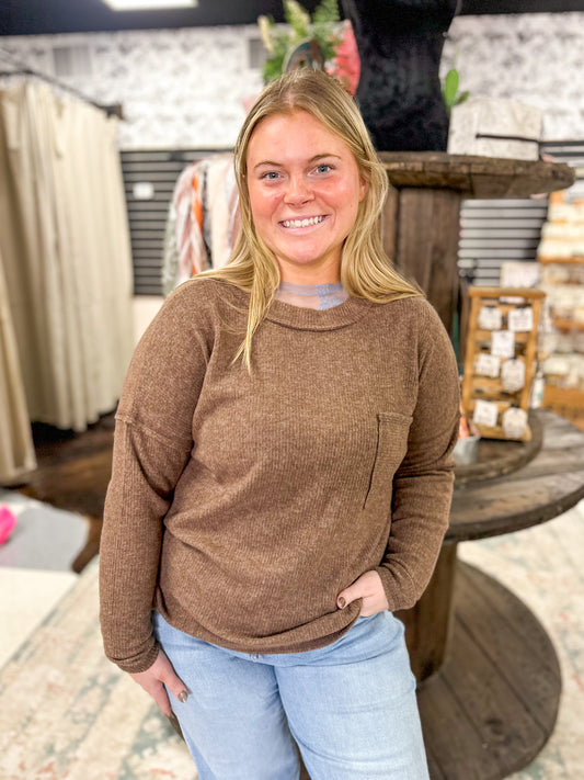 Chocolate Ribbed Melange Front Pocket Top