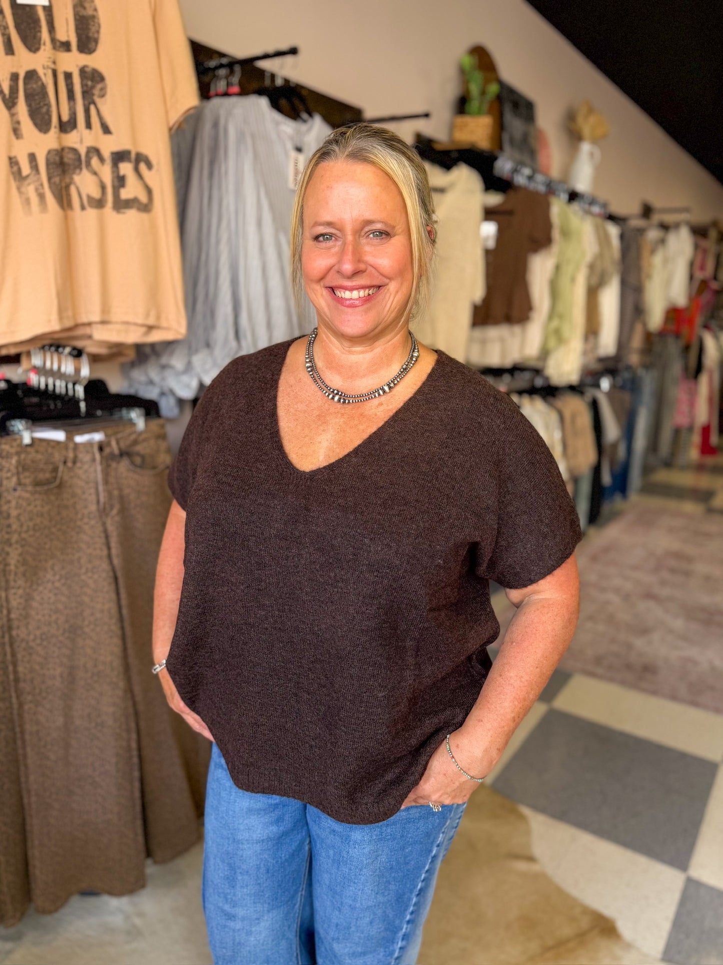 Dark Brown Short Sleeve Sweater