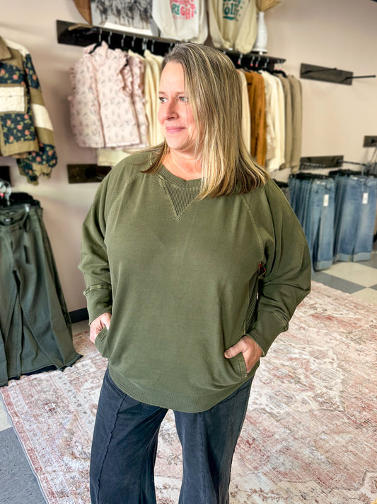 Dark Olive French Terry Pullover with Pockets