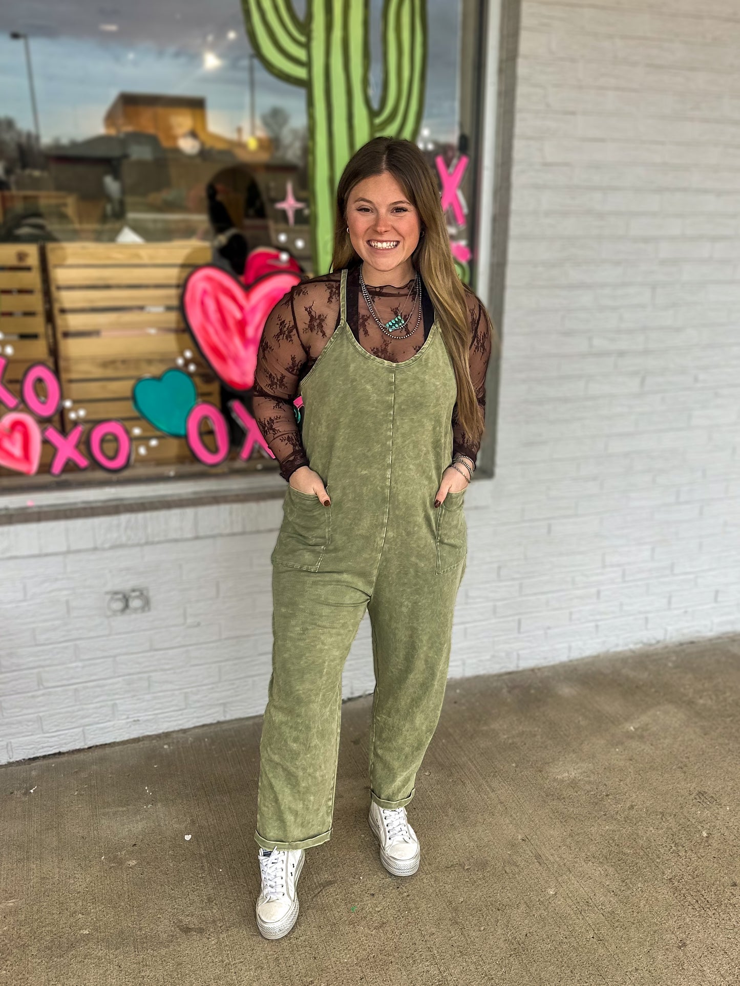 Washed Overalls with Pockets in Olive