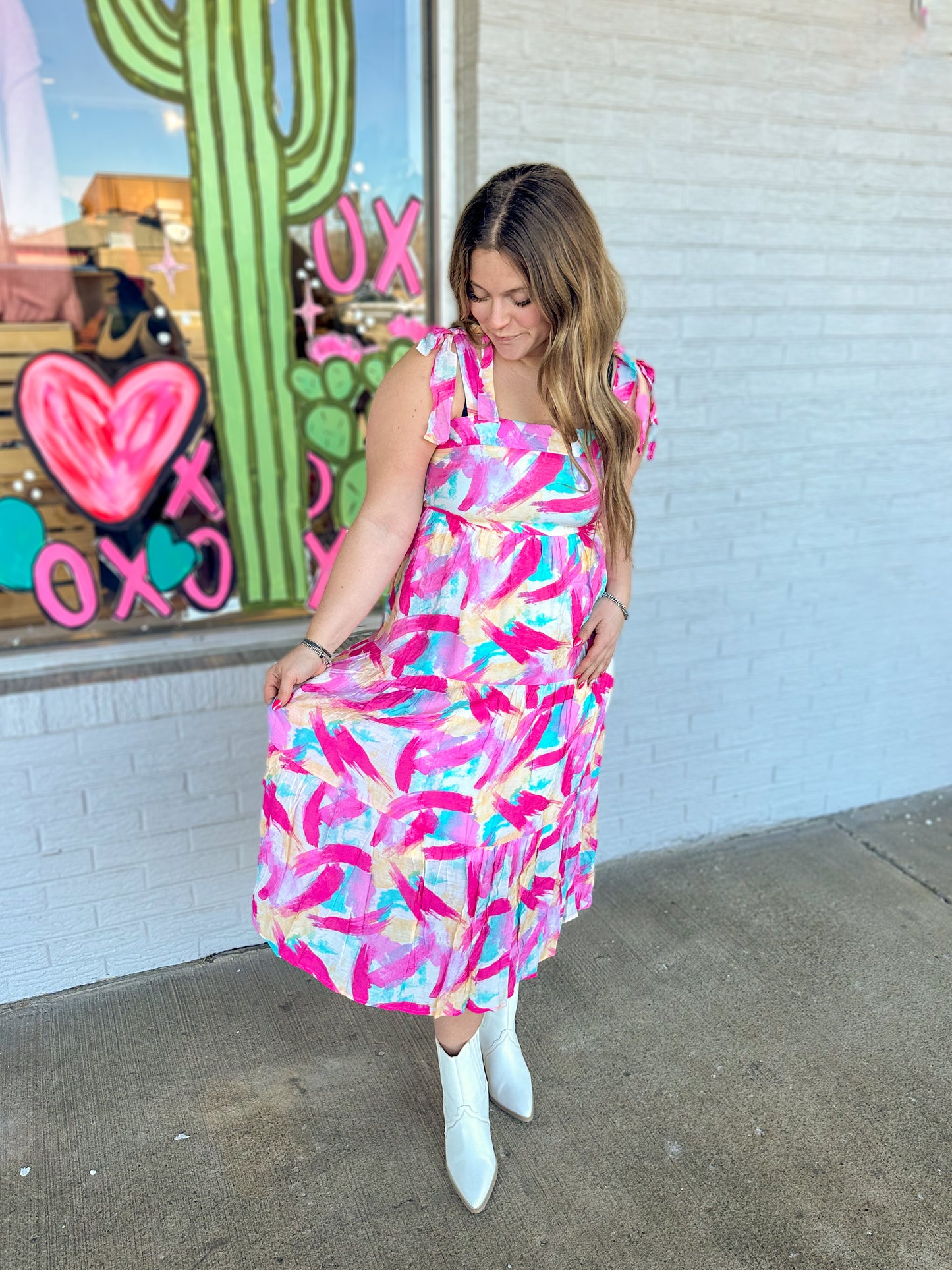 Pink Brush Stroke Print Tiered Midi Dress