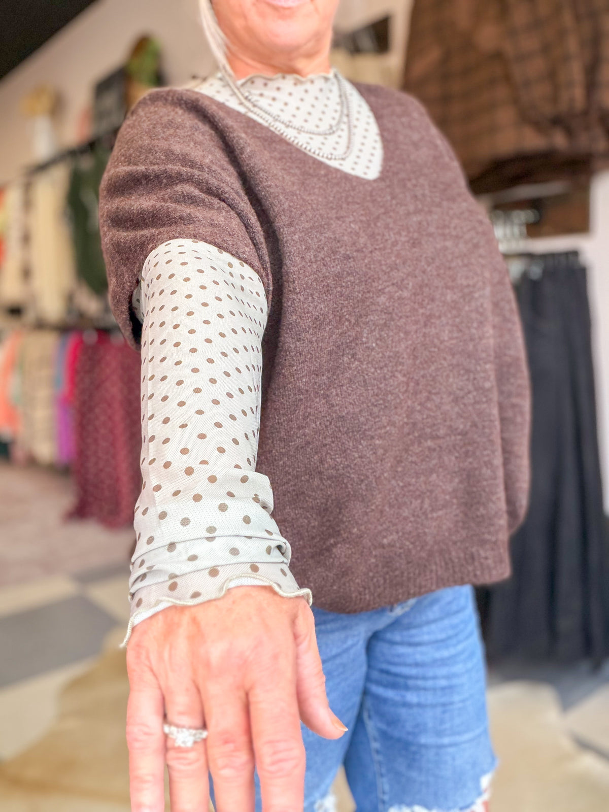 Polka Dot Mesh Top in Sage