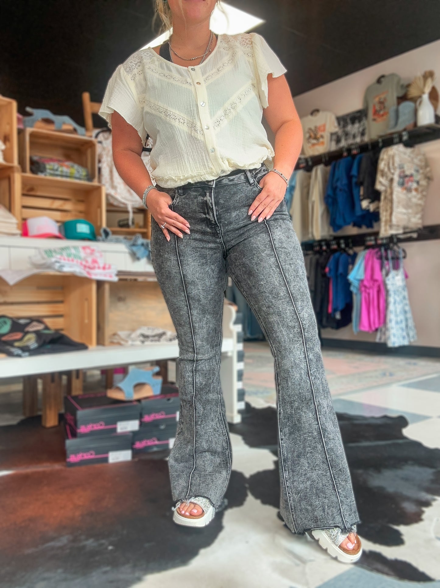 MICA:High Rise Acid Washed Distressed Flares