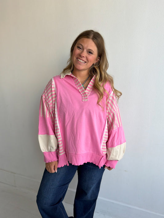Pink Striped Collared Long Sleeve Top