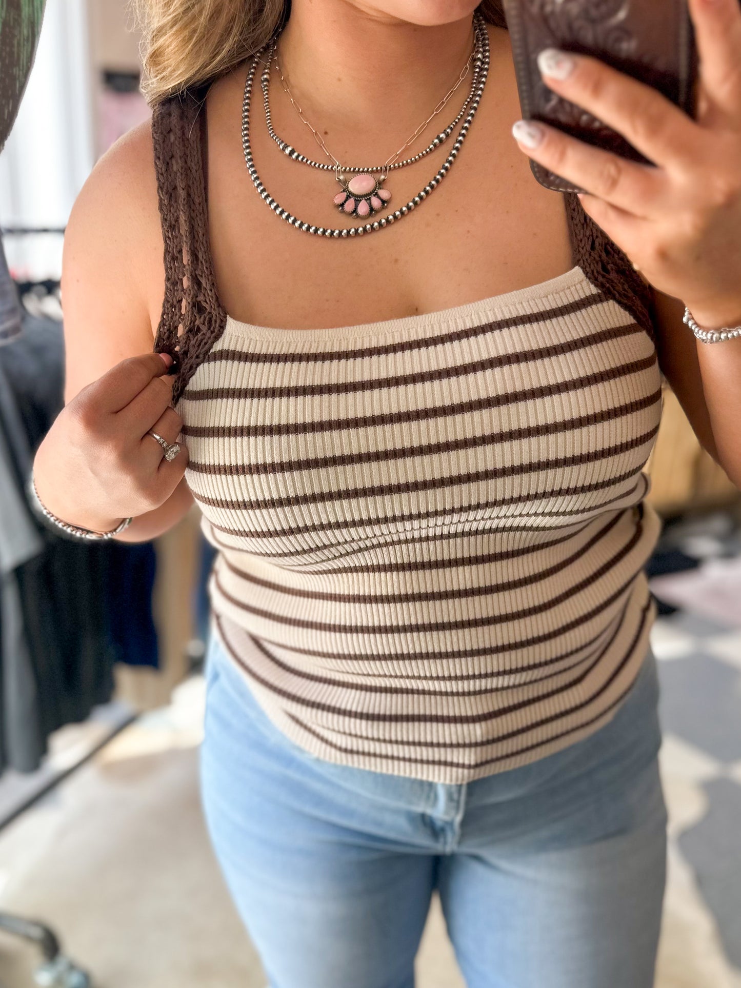 Chocolate Crochet Sleeve Striped Tank