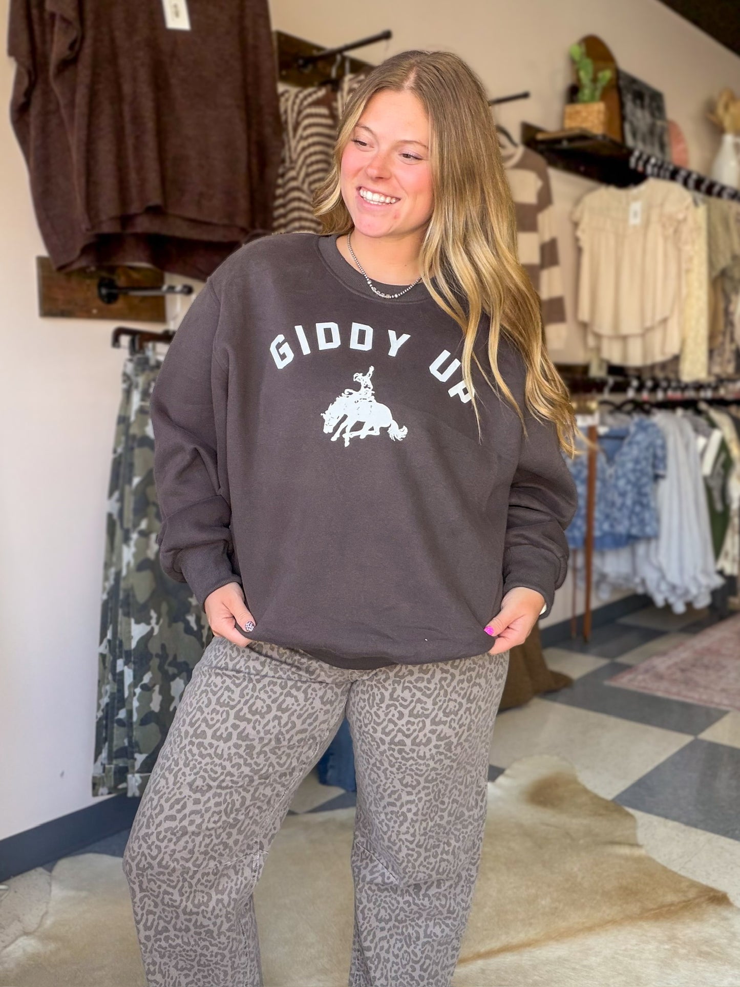 Giddy Up Brown Crewneck