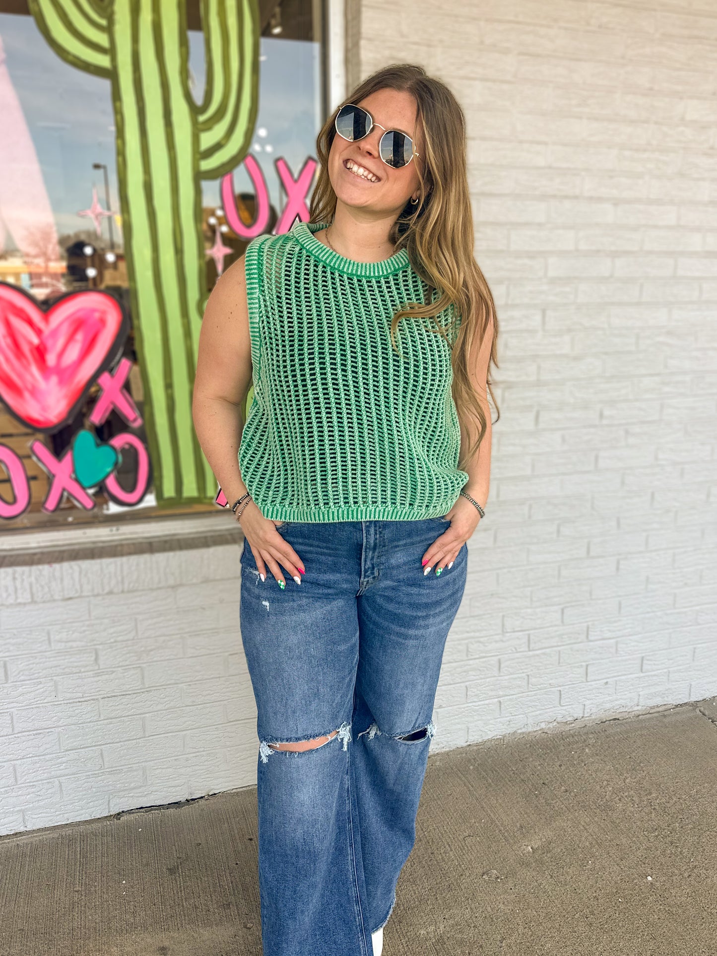 Acid Wash Fishnet Sweater Vest in Kelly Green