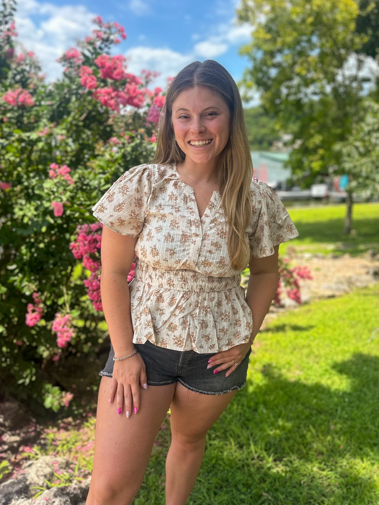 Peach Floral Split Neck Top