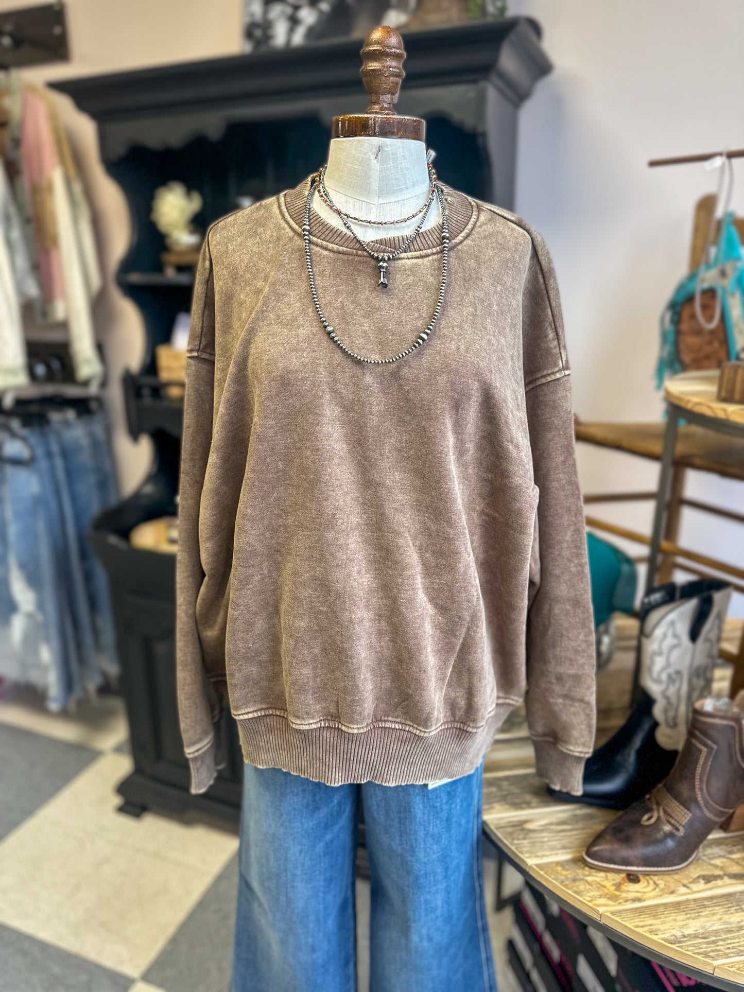 Mocha Washed Oversize Fleece Pullover