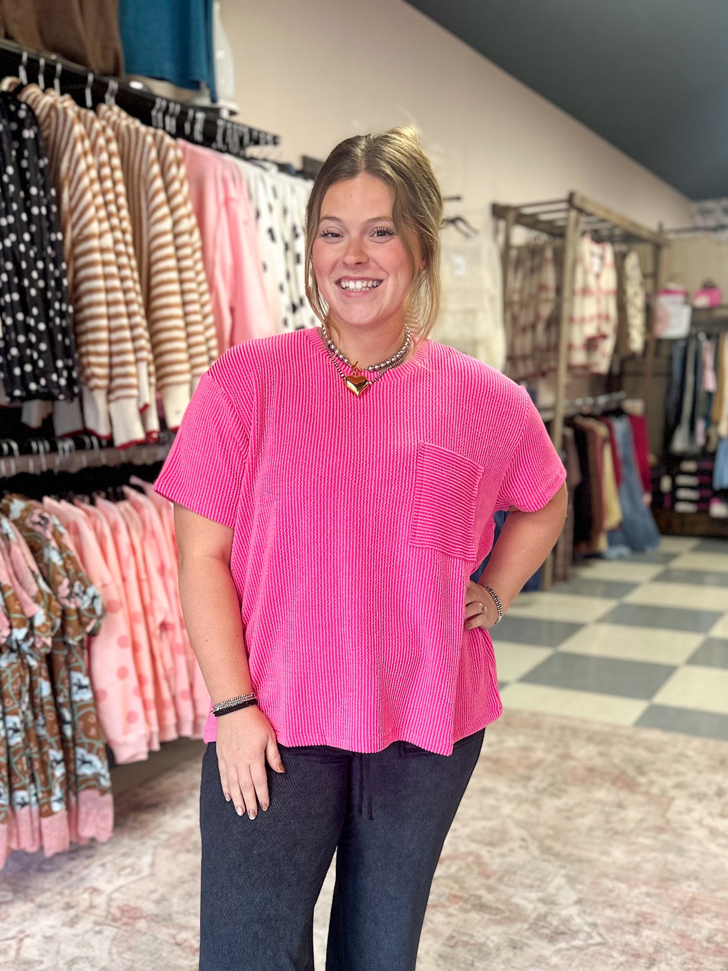 Hot Pink Ribbed Pocket Tee
