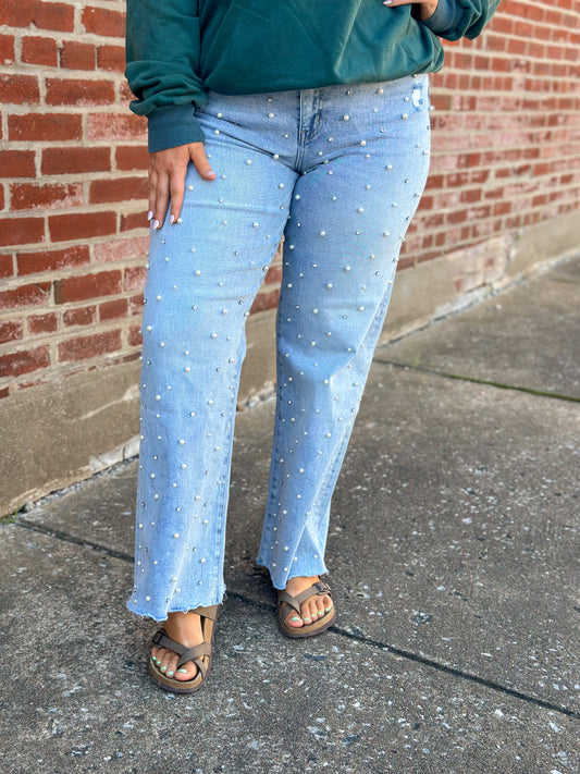 MICA: Rhinestone and Pearl Wide Leg Jeans