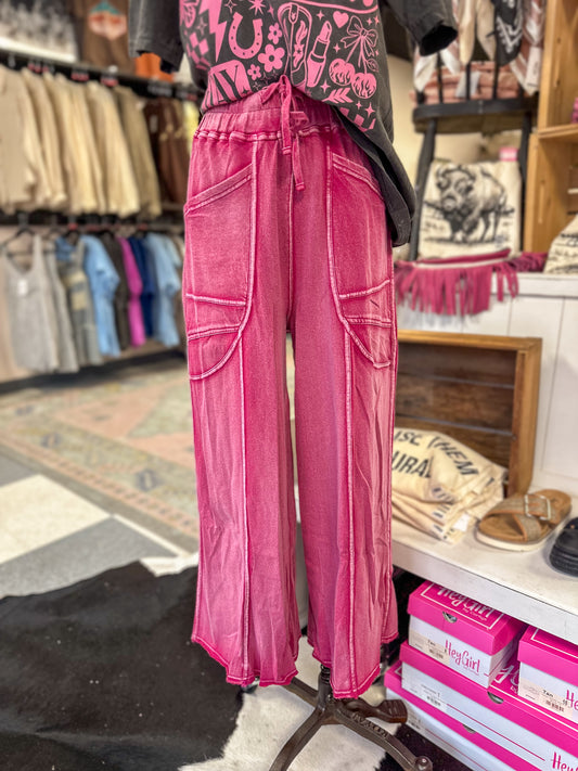 Fushcia Washed Terry Knit Pants
