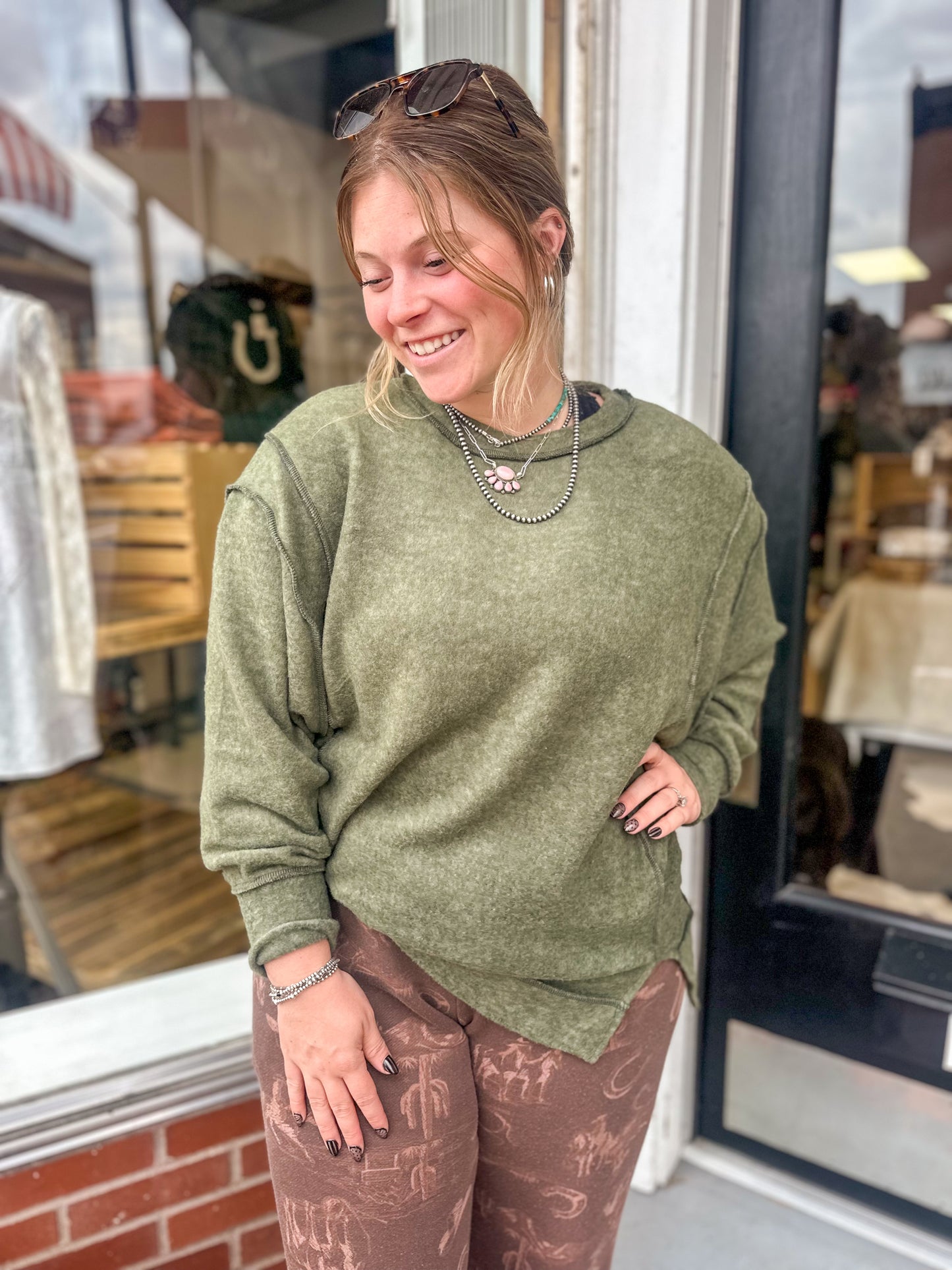 CURVY: Dark Olive Brushed Melange Oversized Sweater