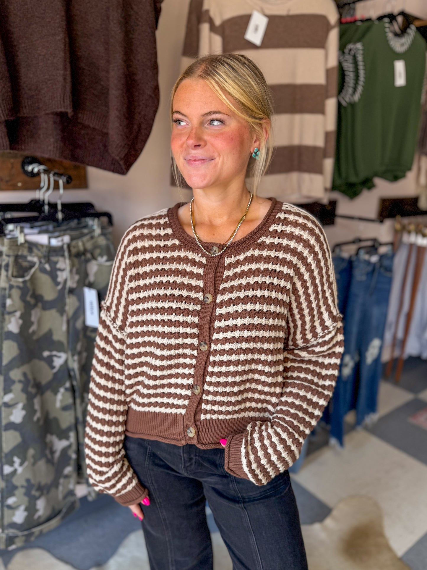 Brown Crochet Knitted Button Cardigan