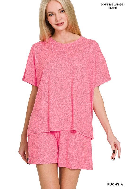 Luxe Soft Melange Tee and Short Set in Fuschia