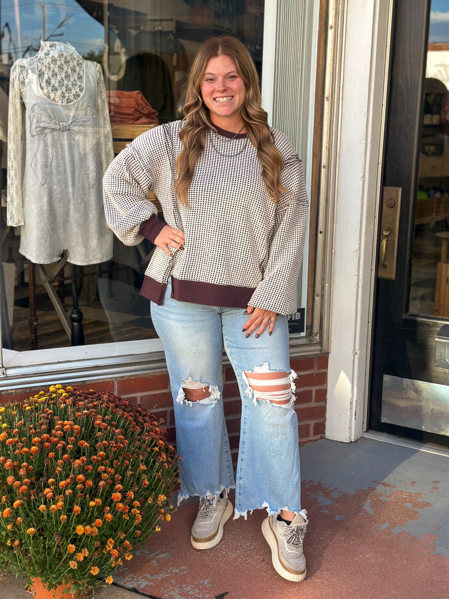 Waffle Knit Loose Fit Top in Chocolate