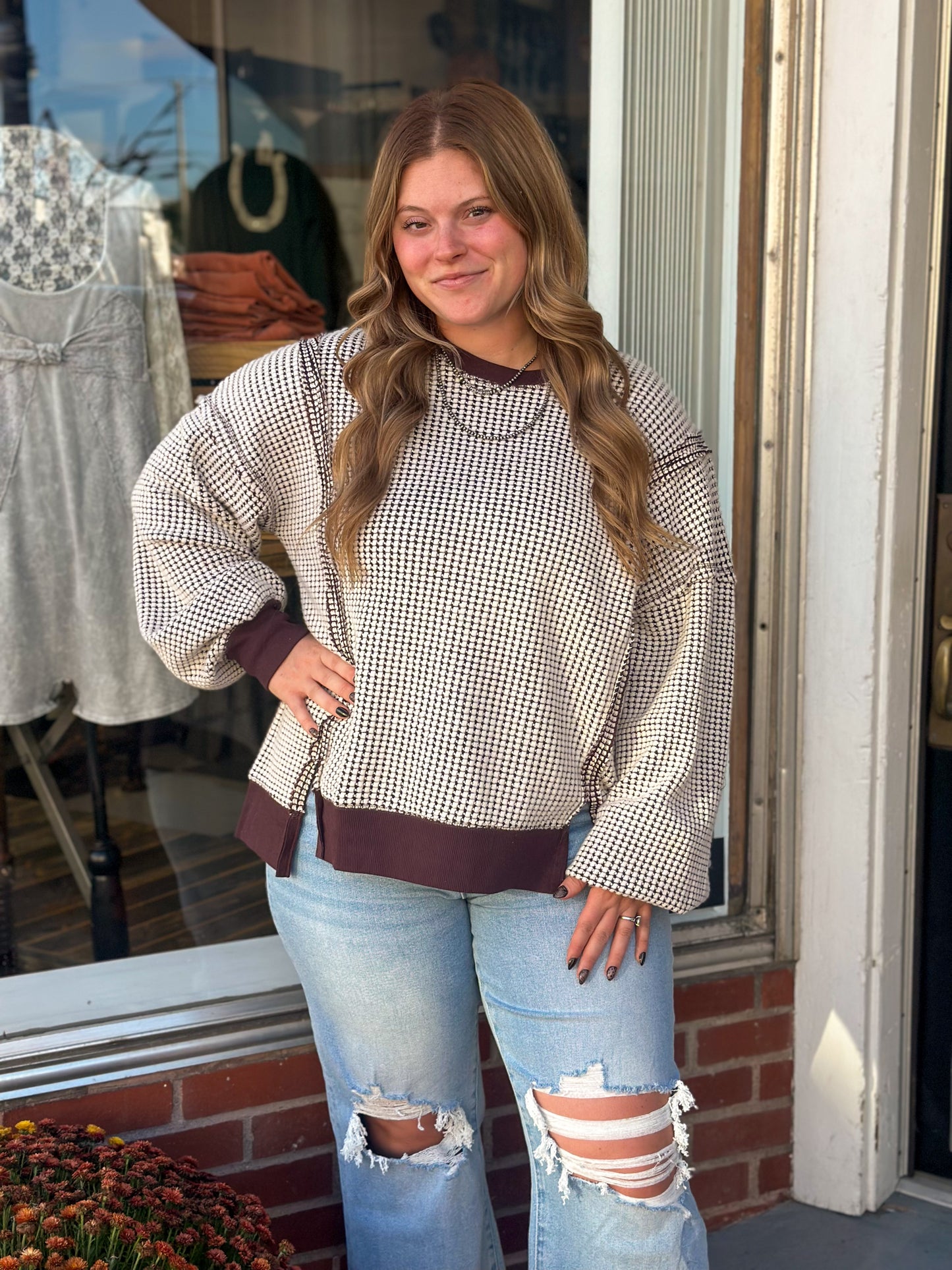 Waffle Knit Loose Fit Top in Chocolate