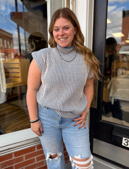 Blue Sleeveless Two Tone Knit Sweater Vest