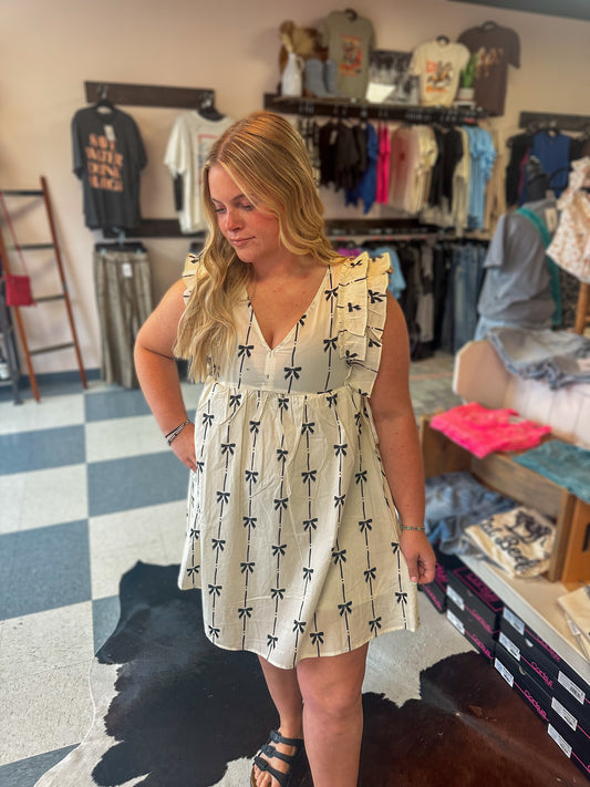 Bow Printed Sleeveless Mini Dress