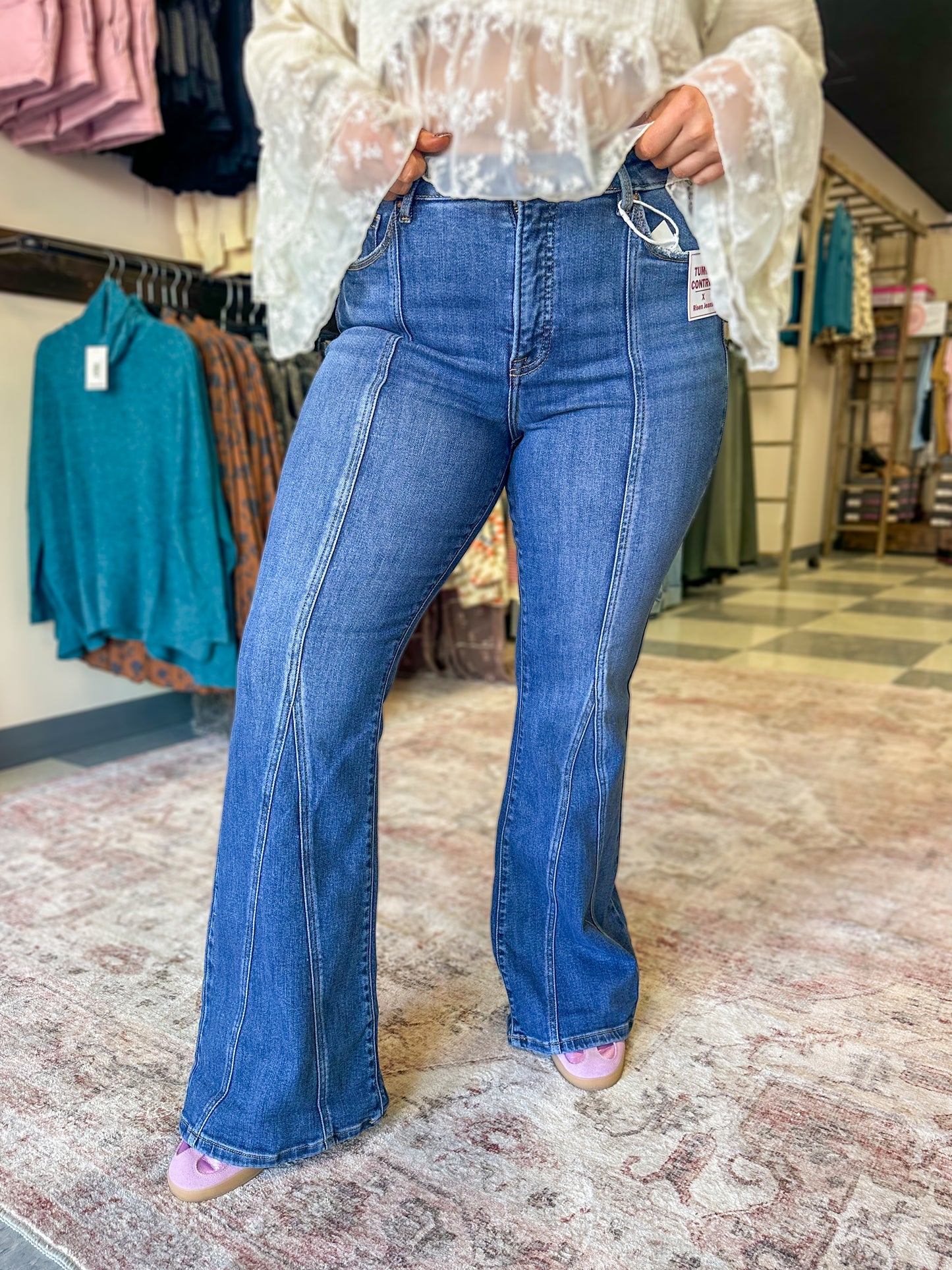 RISEN:TUMMY CONTROL! Dark Wash Front Seam Flares