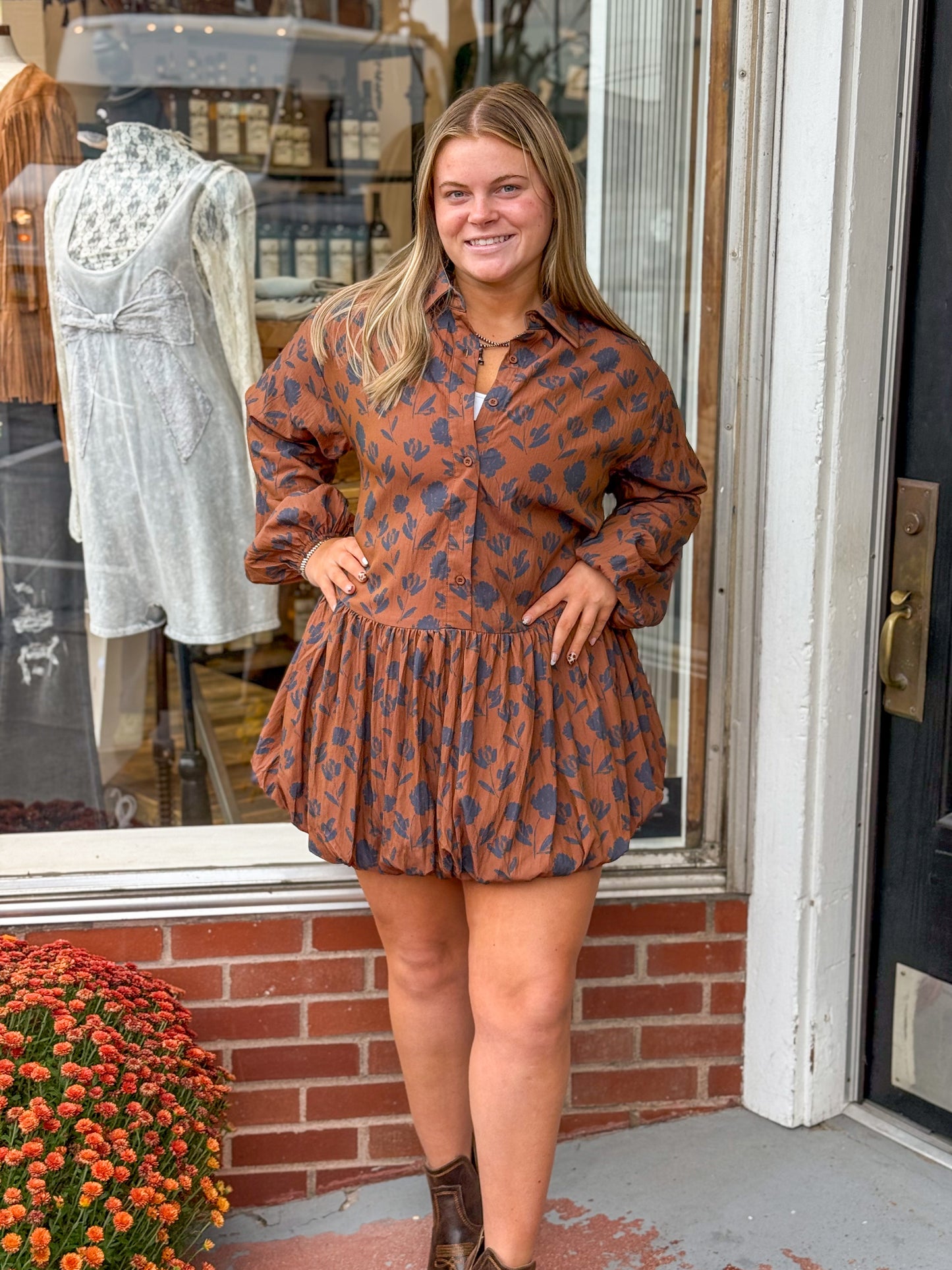Floral Chestnut Long Sleeve Bubble Dress